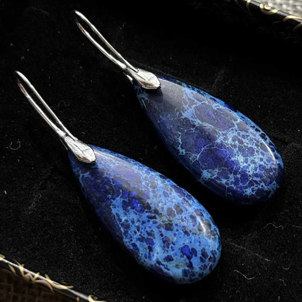 Blue Jasper Natural Gemstone Pendant Teardrop Earrings Silver Handmade Healing